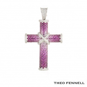 Theo Fennell 18k White Gold Diamond and Sapphire Cross Pendant 1.61ct